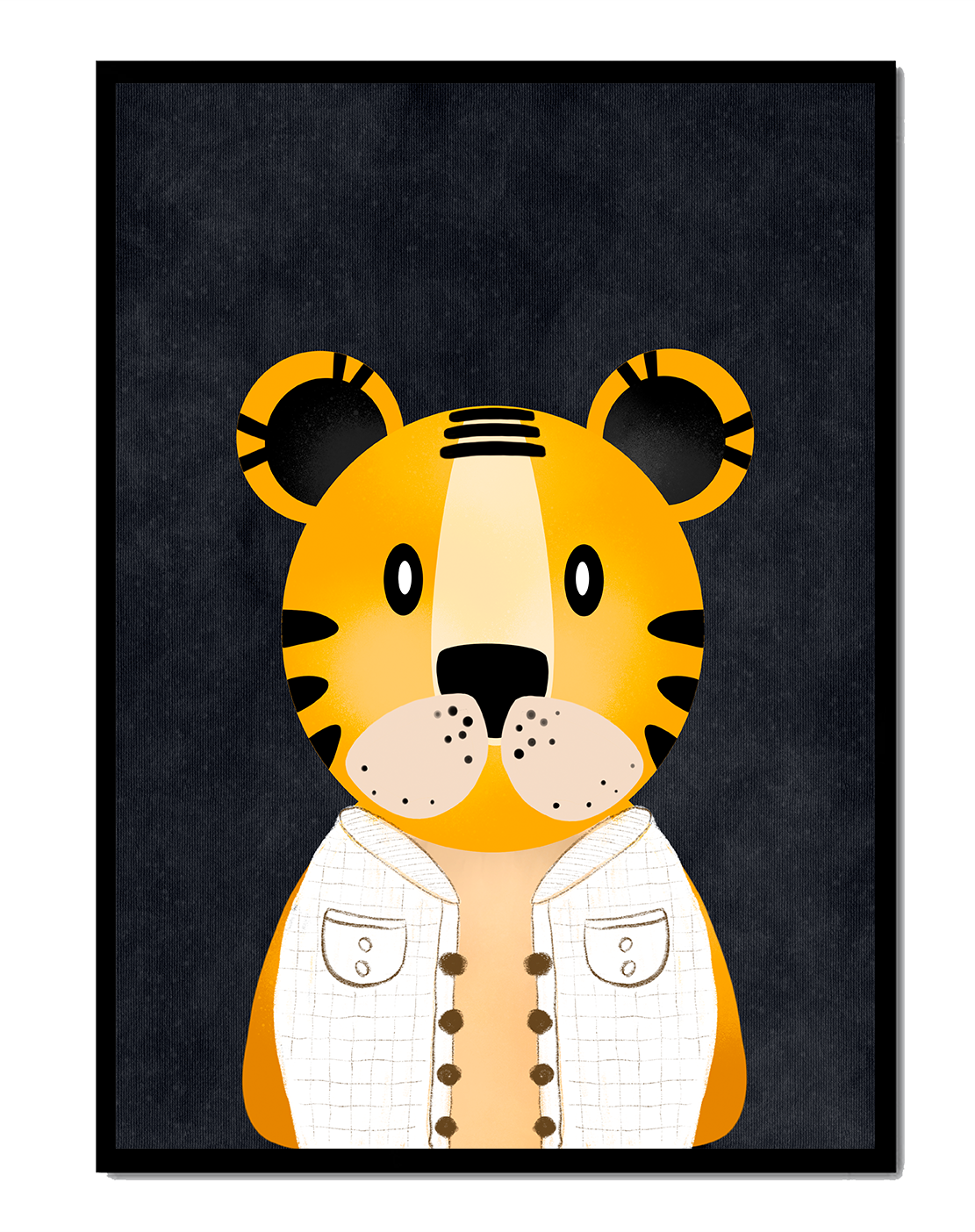 Illustration of cute cartoon tiger character in stylish outfit on dark background