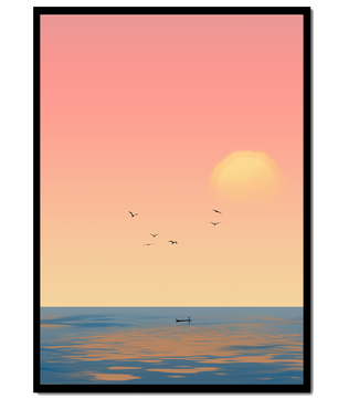 Amanecer Sereno sobre el Océano con un Barco Solitario y Pájaros en Vuelo