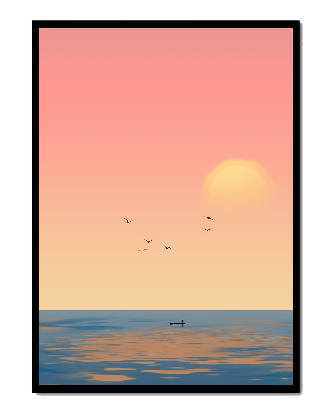 Serene Sunrise over the Ocean with a Lone Boat and Birds in Flight