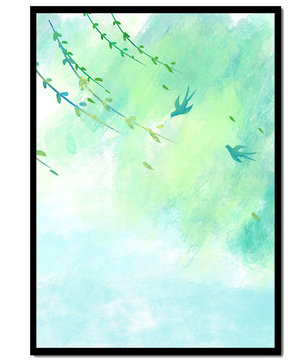 Serene Spring Scene with Birds and Leaves on a Light Blue Background