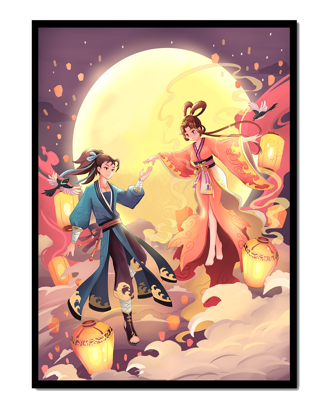 Elegant moonlit fantasy scene with traditional attire