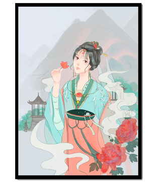 Elegant Asian woman with flowers and mountain background