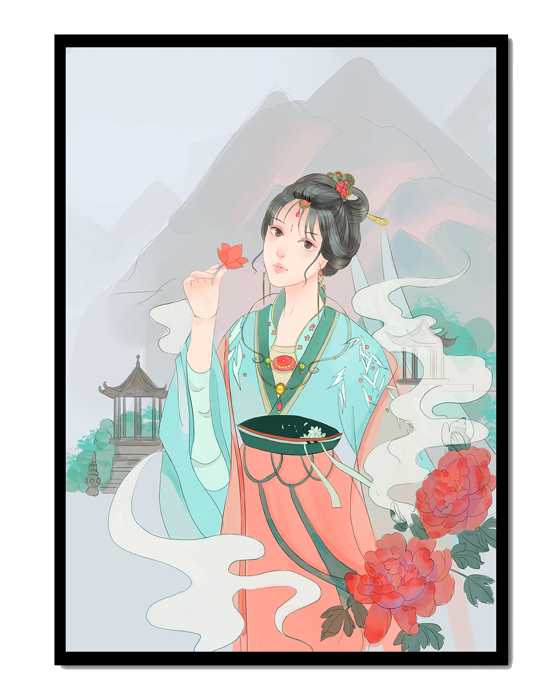 Elegante mujer asiática con flores y fondo de montaña.