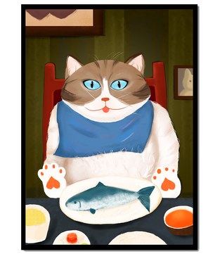Ilustración de un gato comiendo con pescado y babero azul