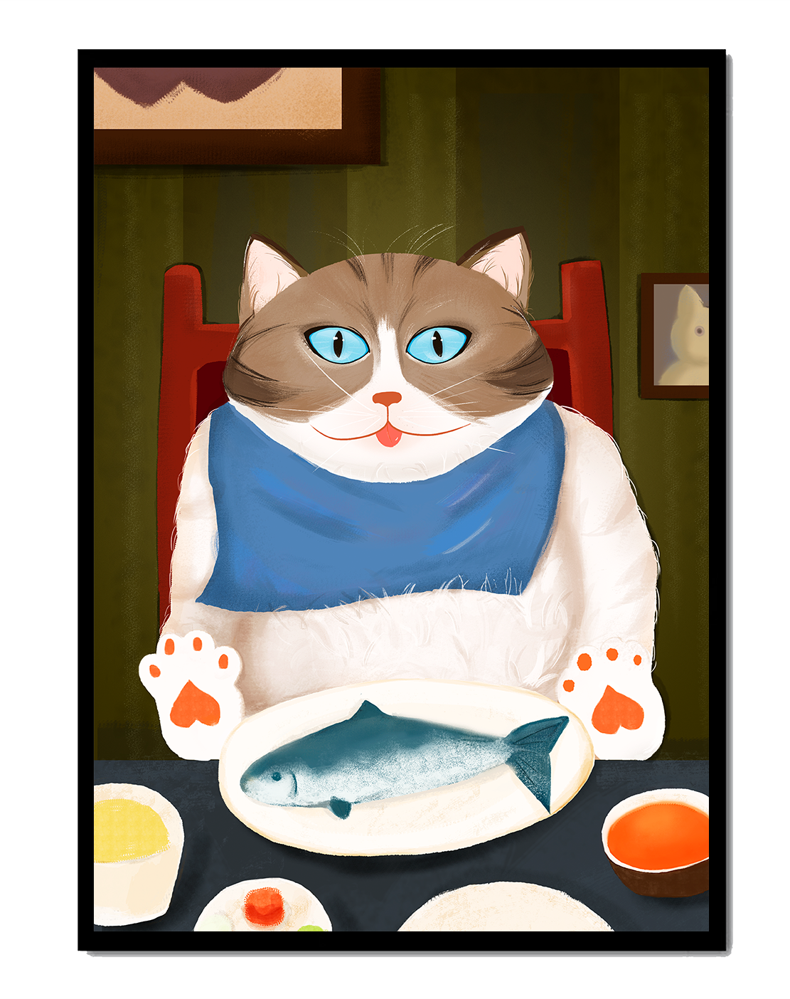 Ilustración de un gato comiendo con pescado y babero azul