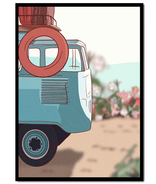 Viaje por carretera de verano en una furgoneta azul vintage