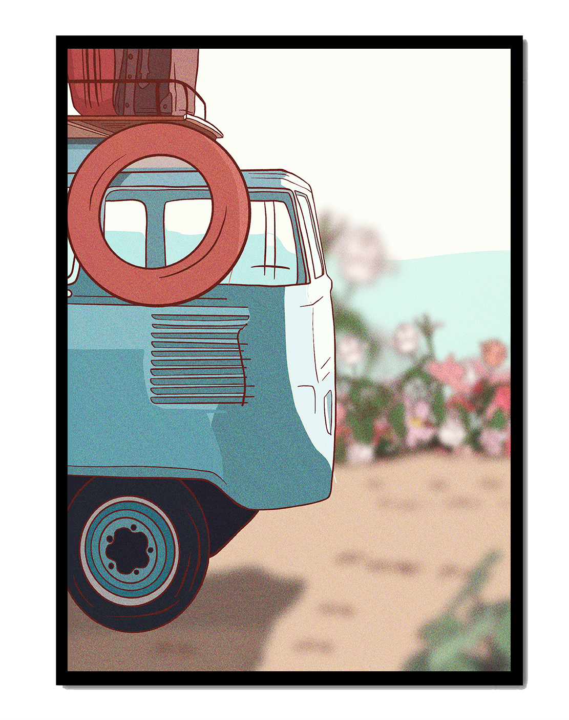 Viaje por carretera de verano en una furgoneta azul vintage