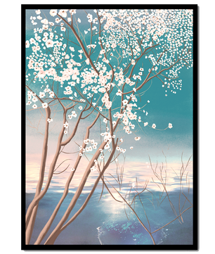 Paisaje sereno con árbol en flor sobre la reflexión del agua tranquila