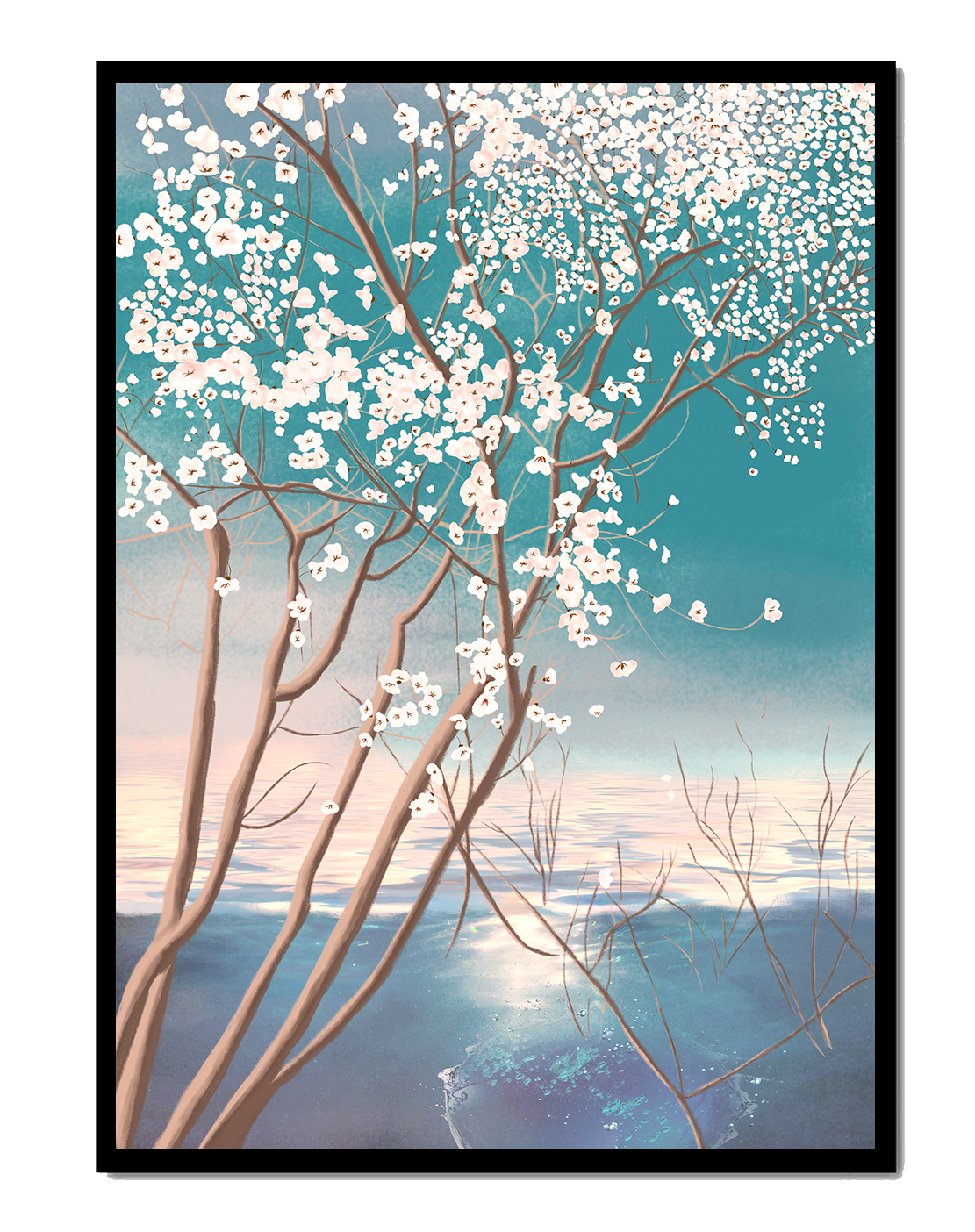 Serene landscape with blossoming tree over calm water reflection