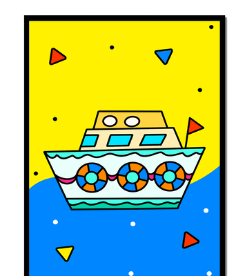 Colorful boat illustration with cartoon elements