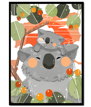 Koalas dans un cadre naturel vibrant aux tons orange et verts