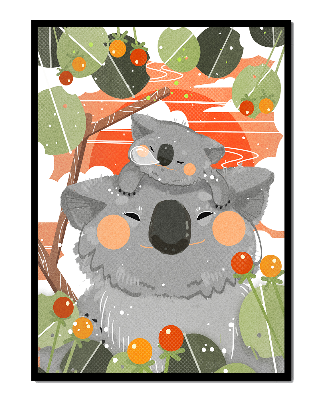Koalas in a Vibrant Nature Setting with Orange and Green Tones