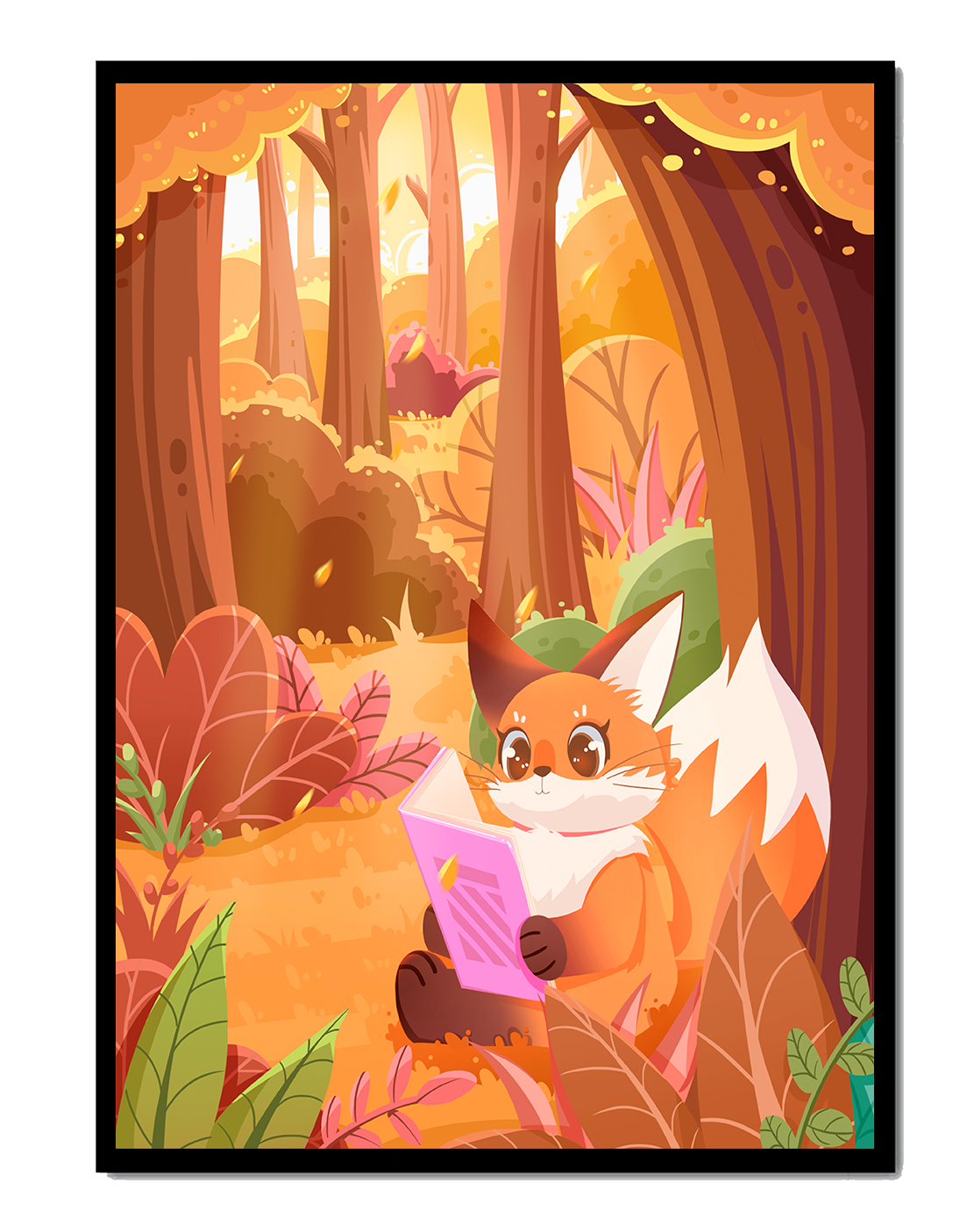 Fox reading a book in a whimsical autumn forest