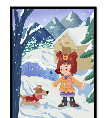 Winter scene with child and dog playing in snow near cabin