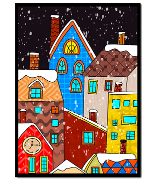 Farbenfrohe Winterstadtlandschaft mit schneebedeckten Häusern im Cartoon-Stil