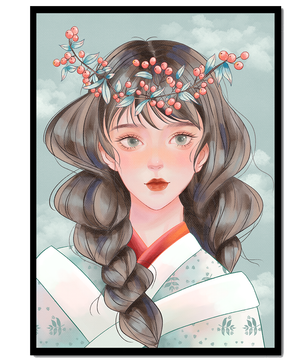 Illustration d'une jeune femme avec une coiffe florale sur fond de ciel nuageux