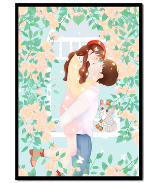 Romantic Kiss Amidst Blooming Flowers And Playful Cat