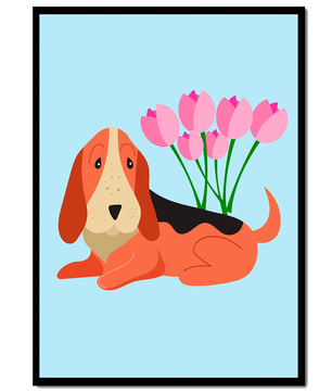 Illustration eines Basset Hound mit rosa Blumen auf hellblauem Hintergrund