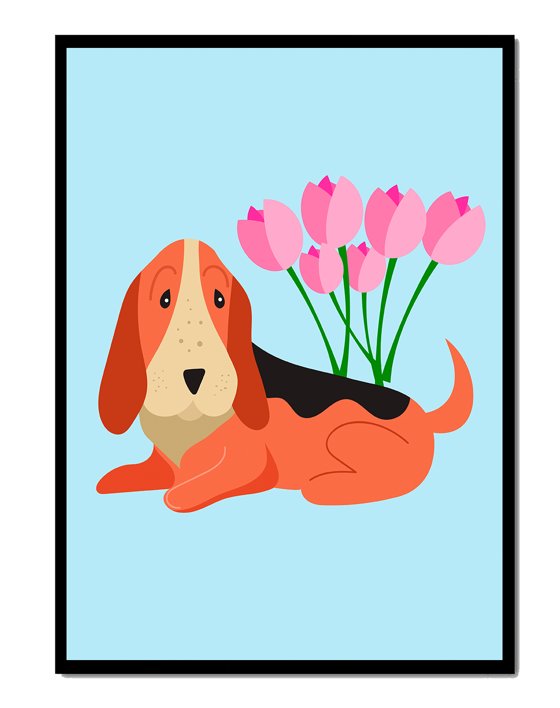 Illustration eines Basset Hound mit rosa Blumen auf hellblauem Hintergrund