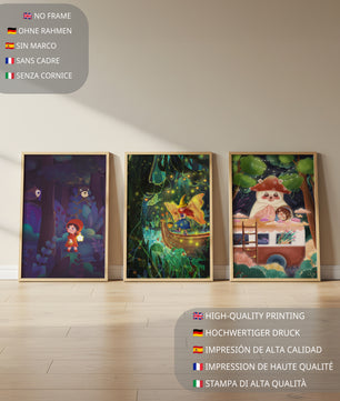 Triptyque d’illustrations fantastiques pour décoration enfantine