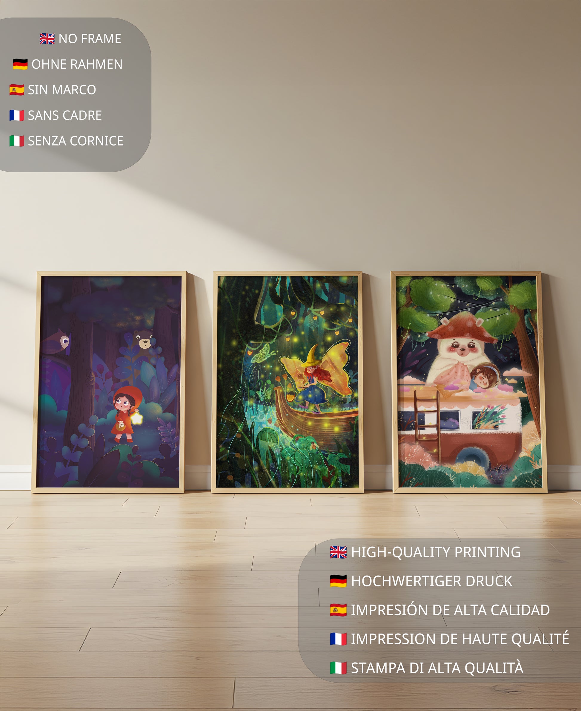 Triptyque d’illustrations fantastiques pour décoration enfantine