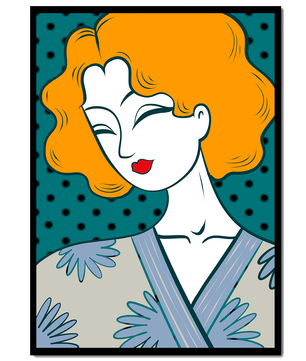 Retrato estilizado de una mujer con cabello naranja y kimono floral