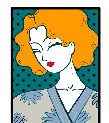 Stylized portrait of a woman with orange hair and floral kimono