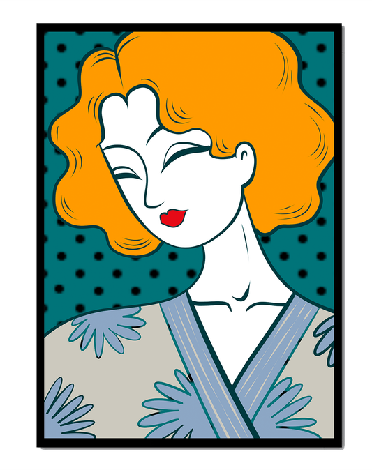 Stylized portrait of a woman with orange hair and floral kimono