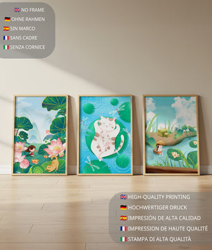 Ensemble d'illustrations artistiques pour enfants avec des chats et la nature