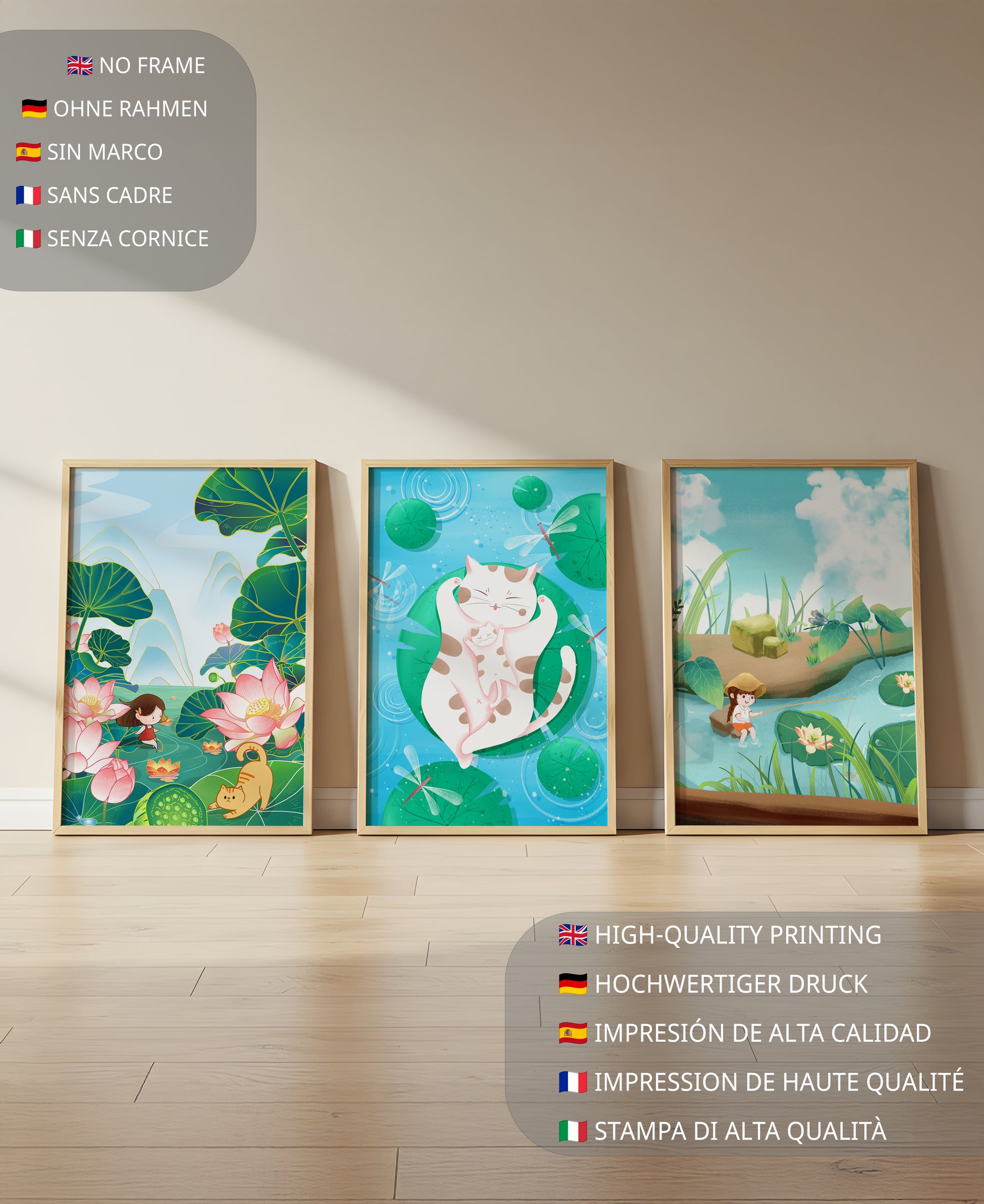Ensemble d'illustrations artistiques pour enfants avec des chats et la nature