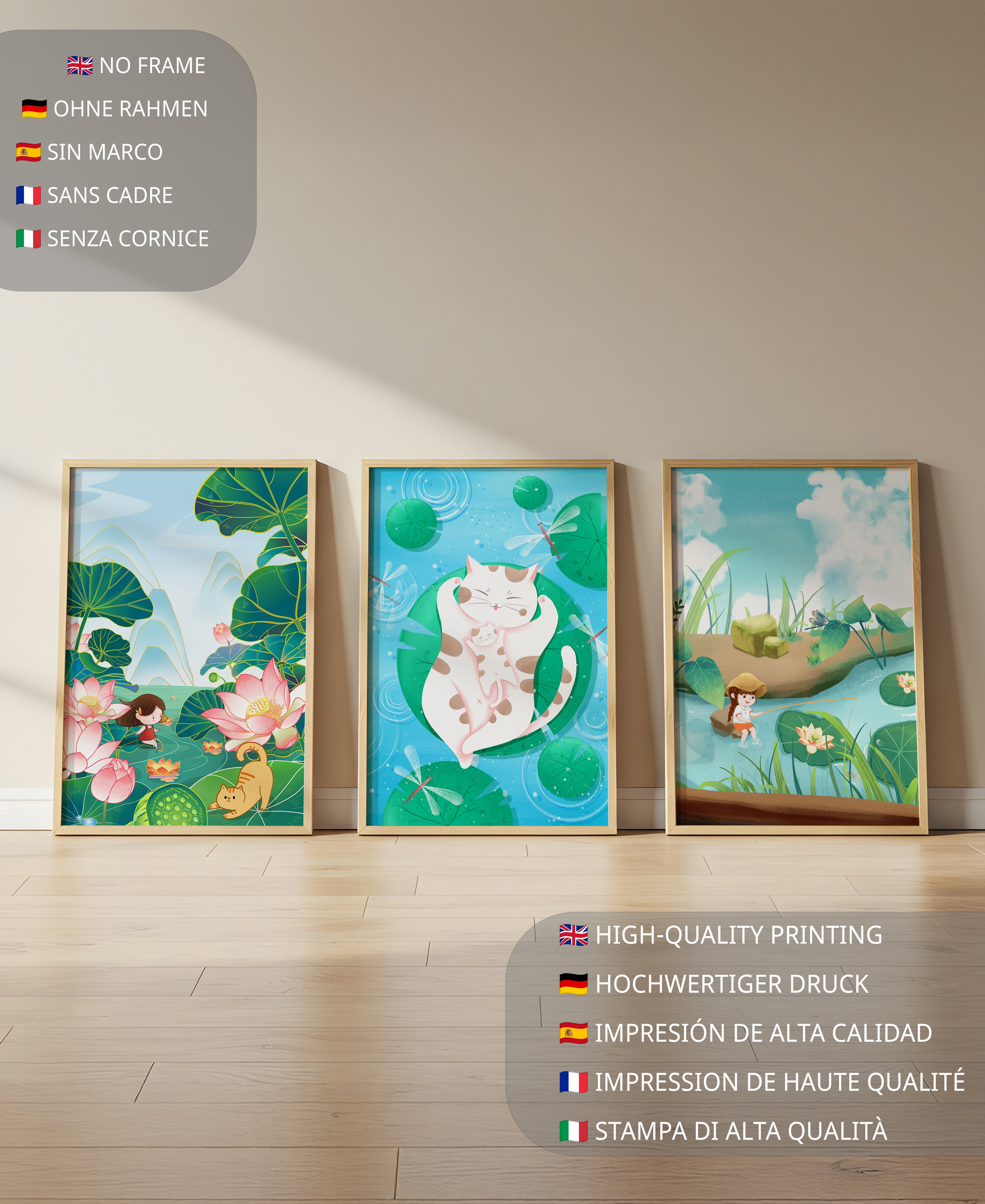 Ensemble d'illustrations artistiques pour enfants avec des chats et la nature