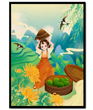 Young girl with basket in vibrant mountain landscape with birds and flowers