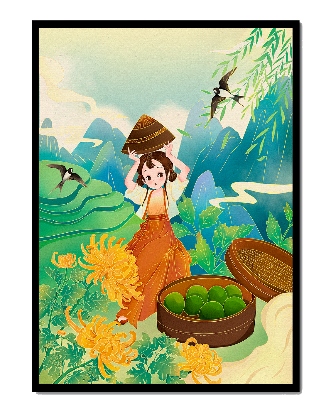 Young girl with basket in vibrant mountain landscape with birds and flowers