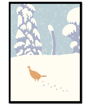 Winter landscape with pheasant walking through snowy forest
