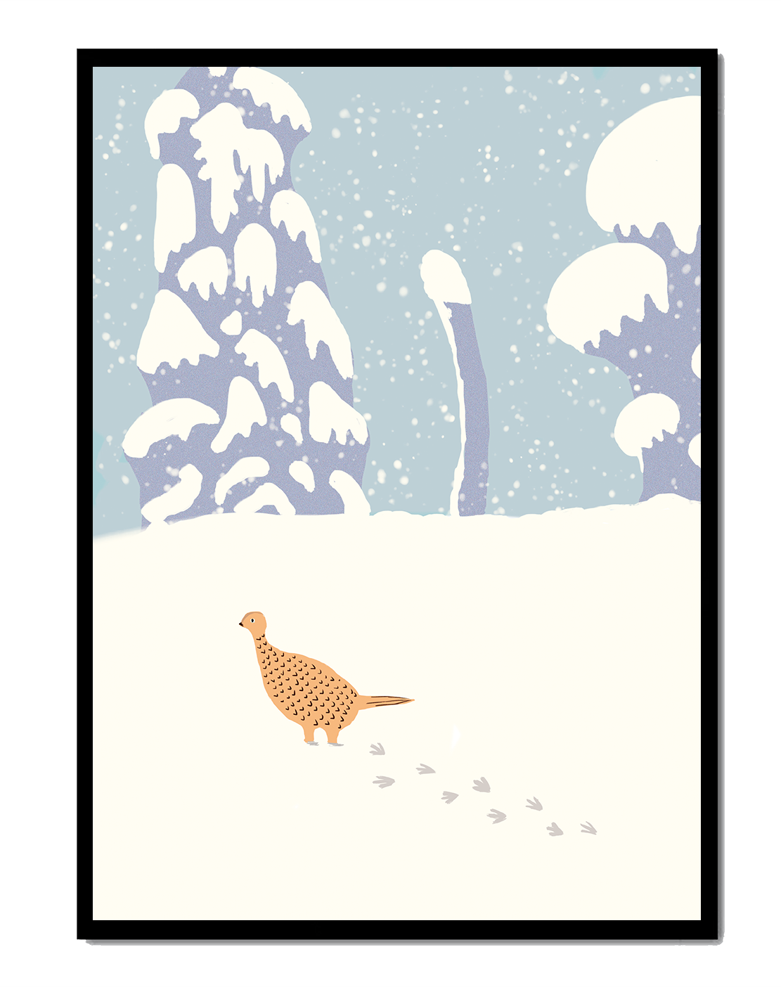 Winter landscape with pheasant walking through snowy forest