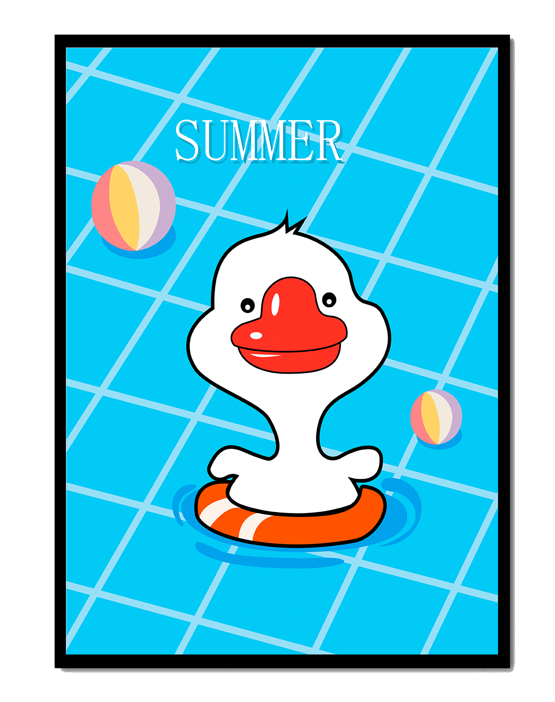Cartoon duck swimming in a pool with summer beach elements