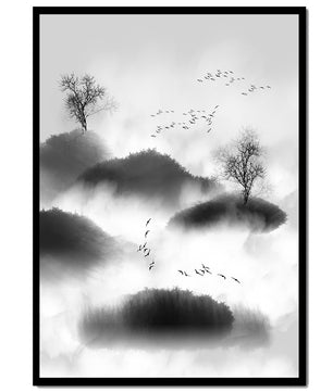 Misty mountains with flying birds in monochrome ink style - Mi tienda