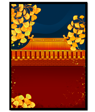 Traditionelles asiatisches Dach mit goldenem Laub auf dunklem Abendhimmel