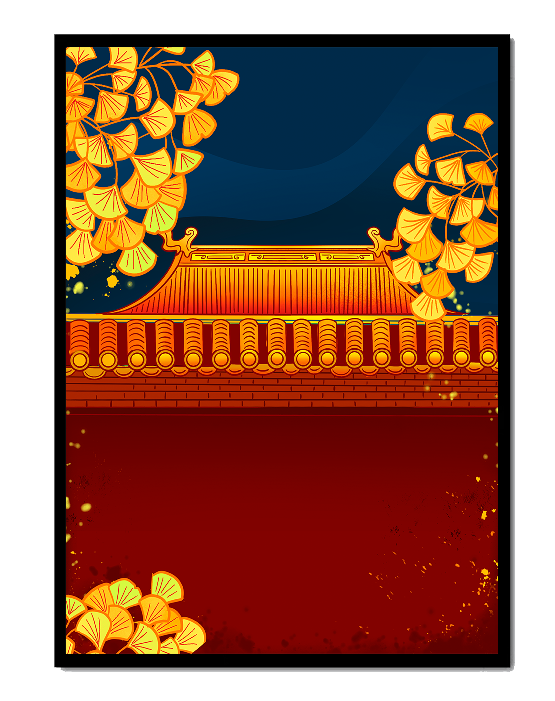 Traditional Asian rooftop with golden foliage on a dark evening sky background