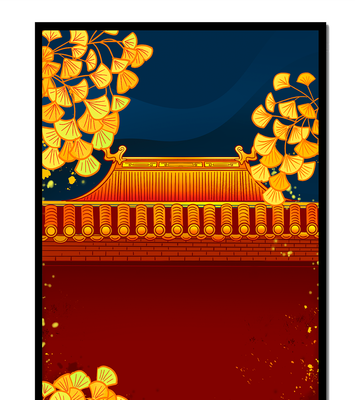 Traditional Asian rooftop with golden foliage on a dark evening sky background