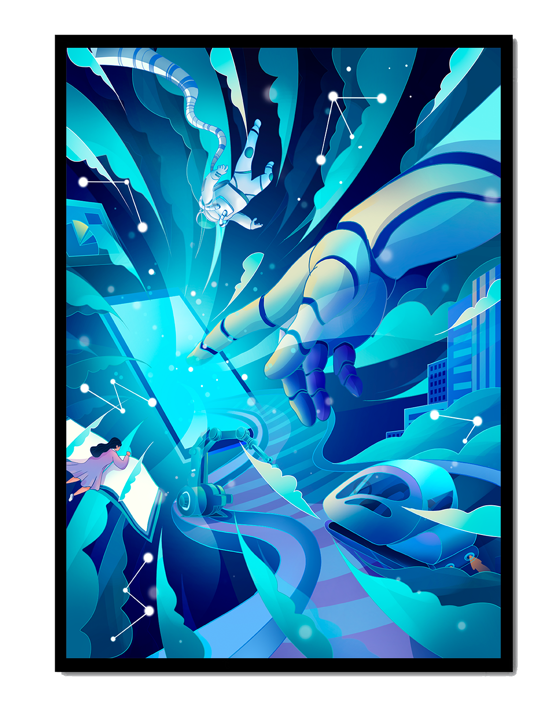 Futuristic digital artwork featuring astronaut and robotic hand in vibrant blue tones