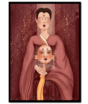 Ilustración de una figura mística con máscara y fondo ornamentado