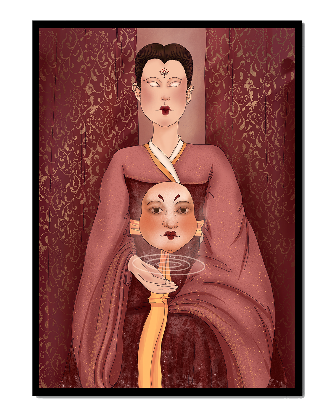 Ilustración de una figura mística con máscara y fondo ornamentado