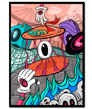 Ilustración abstracta surrealista colorida con un ojo vívido y elementos surrealistas