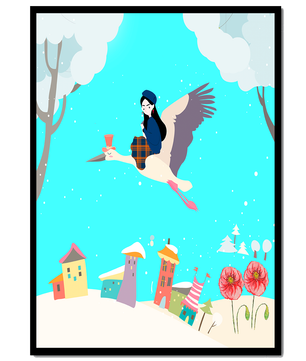 Wunderliche Winterlandschaft mit einem Mädchen auf einem Storch über einem bunten Dorf