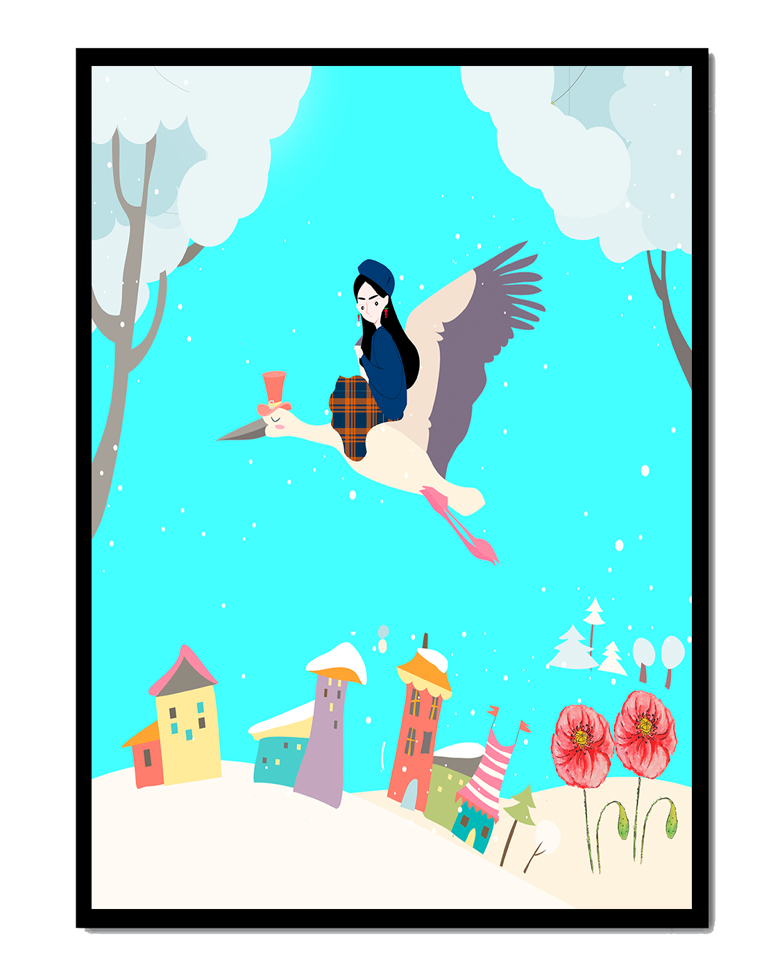 Wunderliche Winterlandschaft mit einem Mädchen auf einem Storch über einem bunten Dorf