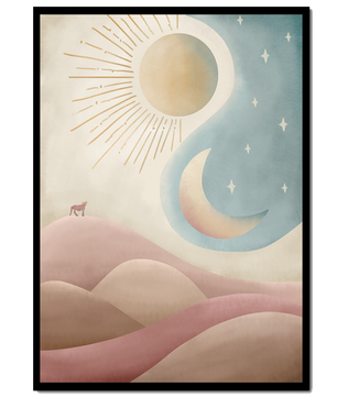 Minimalist landscape with sun, moon, and wolf in pastel hues