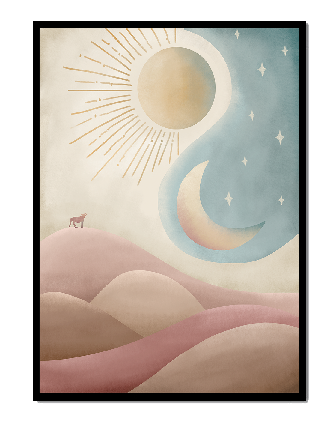 Minimalist landscape with sun, moon, and wolf in pastel hues