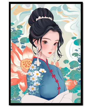 Una mujer elegante con vestido tradicional oriental con patrones florales y flores de loto