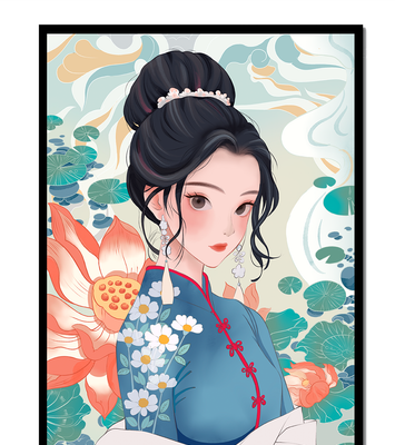 An Elegant Woman in Traditional Oriental Dress with Floral Patterns and Lotus Flowers